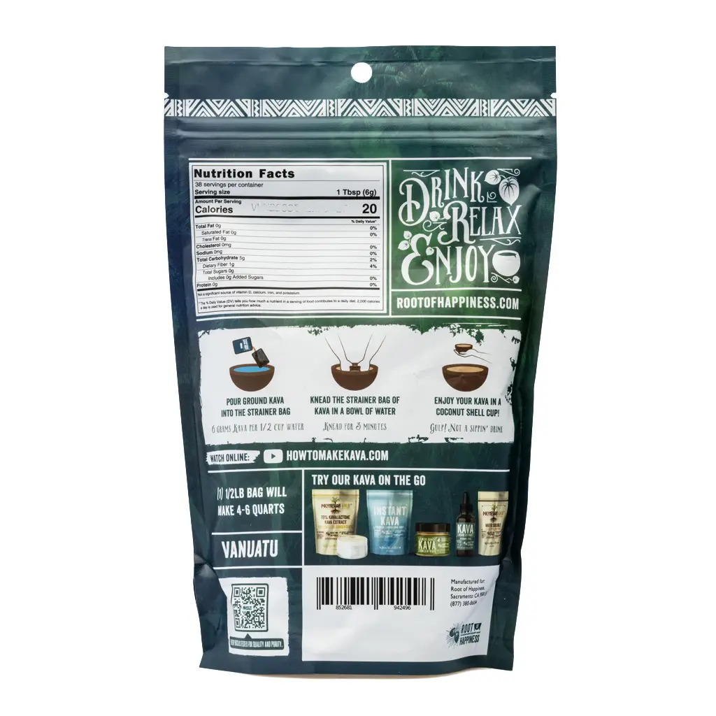Root of Happiness Premium Ground Kava Root - Vanuatu Bag Back