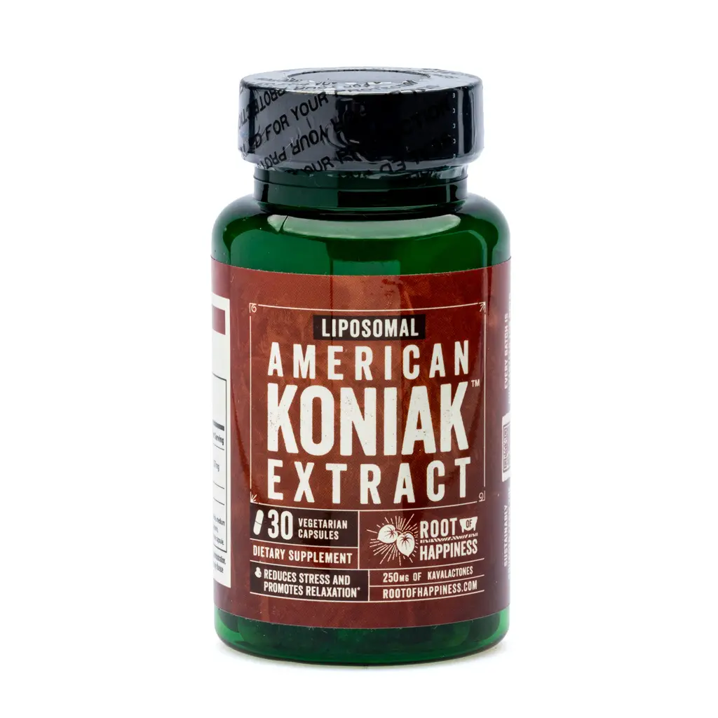 Root of Happiness Premium Kava Root Extract Capsules - Liposomal American Koniak Jar Front